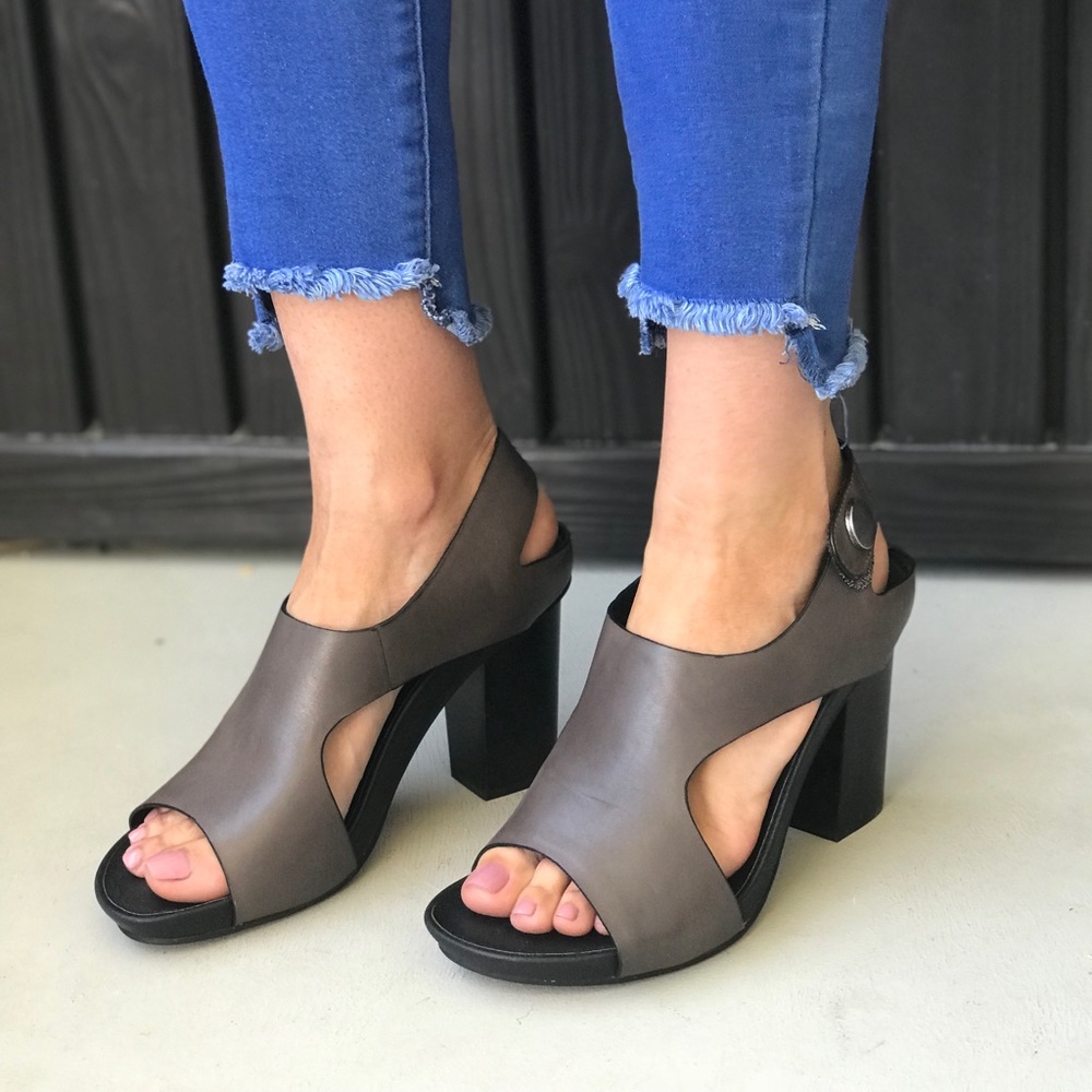 Gray Leather Cut Out Peep Toe Wooden Clog - Picture 7 of 7